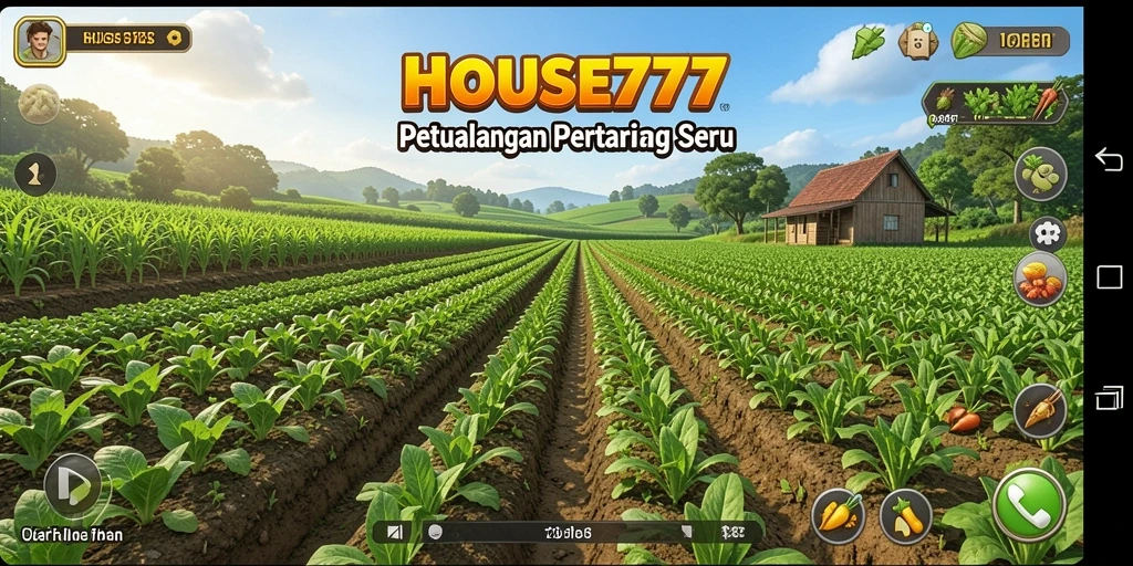 Tampilan utama gameplay HOUSE777 menampilkan ladang yang subur dan hewan ternak.
