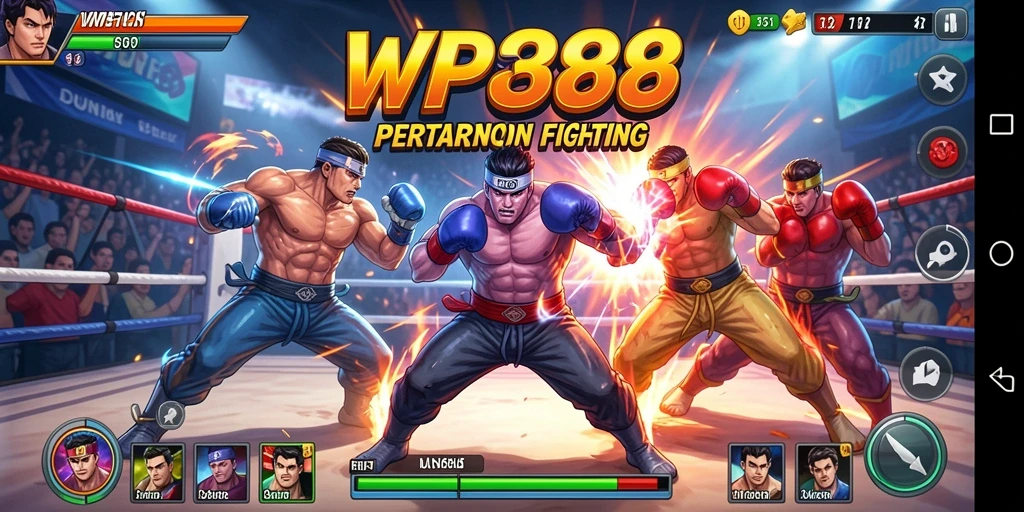 Tampilan gameplay WP888 menampilkan pertarungan epik antar karakter yang berbeda.